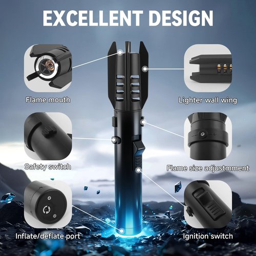 Torch Lighter, Straight Flame Butane Cool Lighters, Refillable Windproof Adjustable with Safety Lock，for Kitchen Hiking BBQ Outdoor Camping(Black)