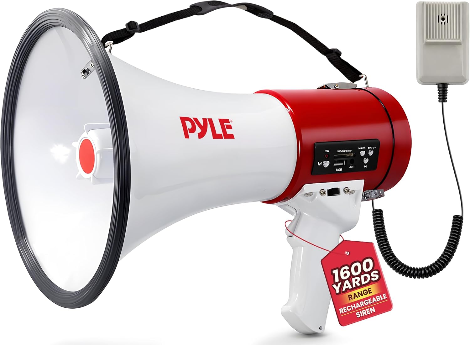 Pyle 50W Megaphone Bullhorn - Portable & Lightweight with Siren, Rechargeable Battery, 1600 Yards Range, White