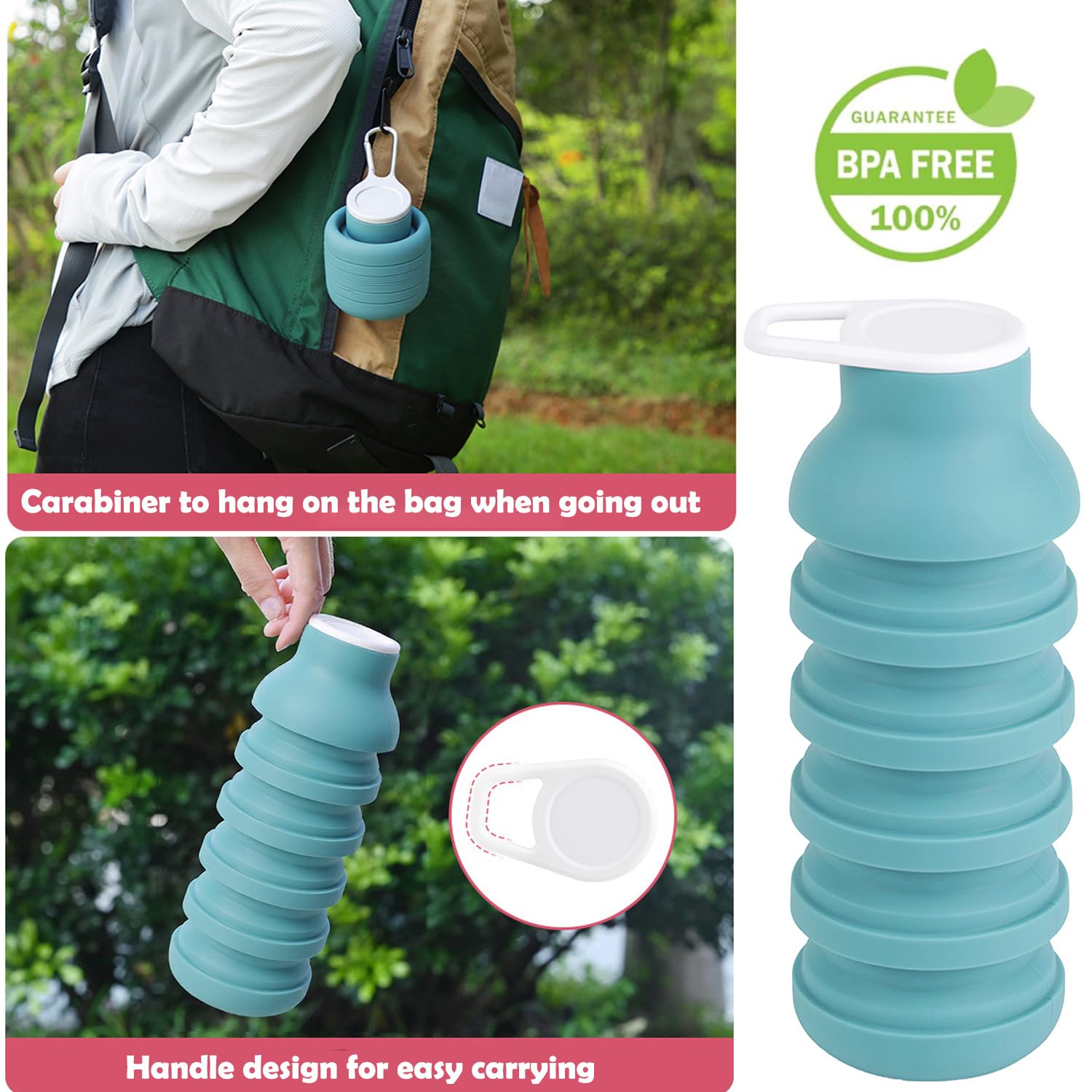 BMLFOH Collapsible Silicone Water Bottle – Foldable Travel Water Bottle Leakproof, BPA Free, Portable & Space-Saving – Perfect for Gym, Hiking,Travel(carabiner and cleaning brush),Light green