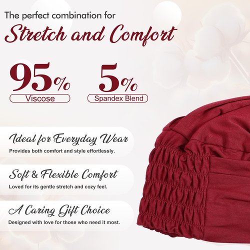 Zhengmy 4 Pcs Cotton Chemo Headwear for Women, Soft Cancer Skull Cap, Knot Turban Stretchy Sleeping Hats for Hair Loss Gift(Black, Khaki, Wine Red, Navy Blue)