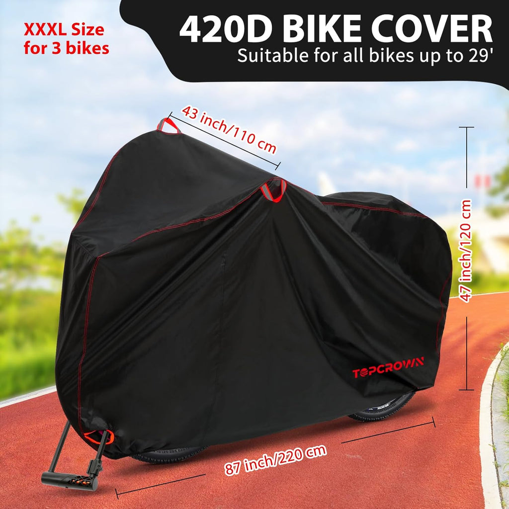 Topcrown Waterproof Bike Cover - Outdoor Storage for 3 Bikes | UV, Dust & Wind Proof, XXXL Black & Red