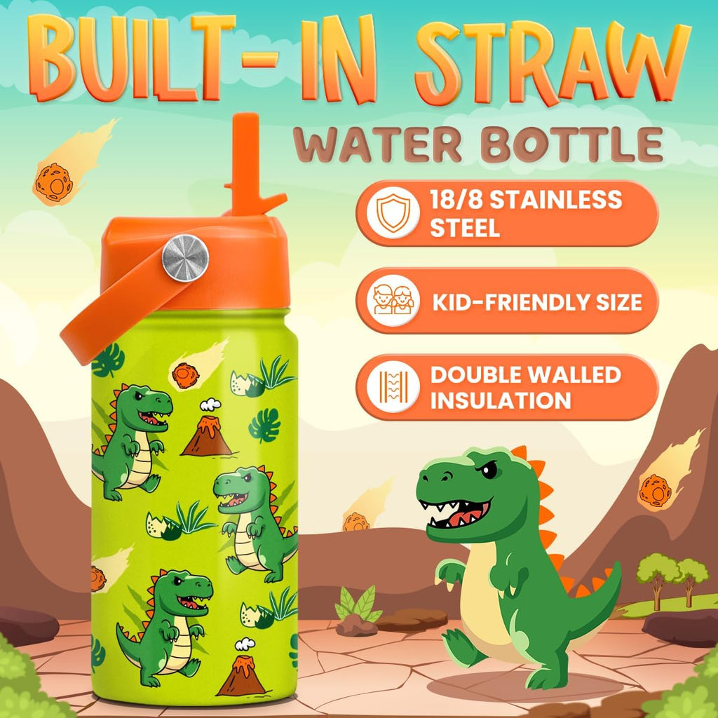 Skiennix Dinosaur Water Bottle - Insulated 12 Oz Stainless Steel T-Rex Cup with Straw Lid for Kids