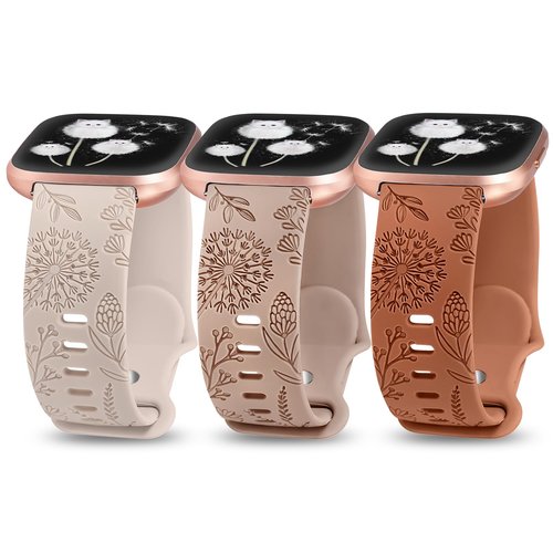 Minyee 3 Packs Floral Engraved Band Compatible with Fitbit Versa 2 Band/Versa Lite/Versa Band Women, Cute Soft Silicone Dandelion Flower Pattern Sport Designer Fancy Summer Strap for Versa 2