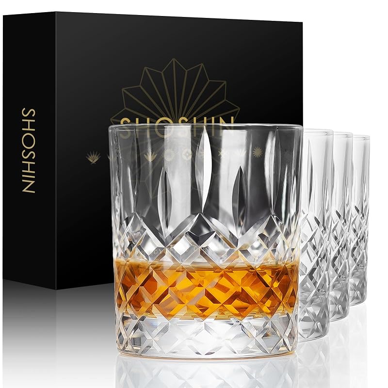 Shoshin Premium Hand-Cut Whiskey Glasses Set of 4 - 13 oz Classic Gift Box