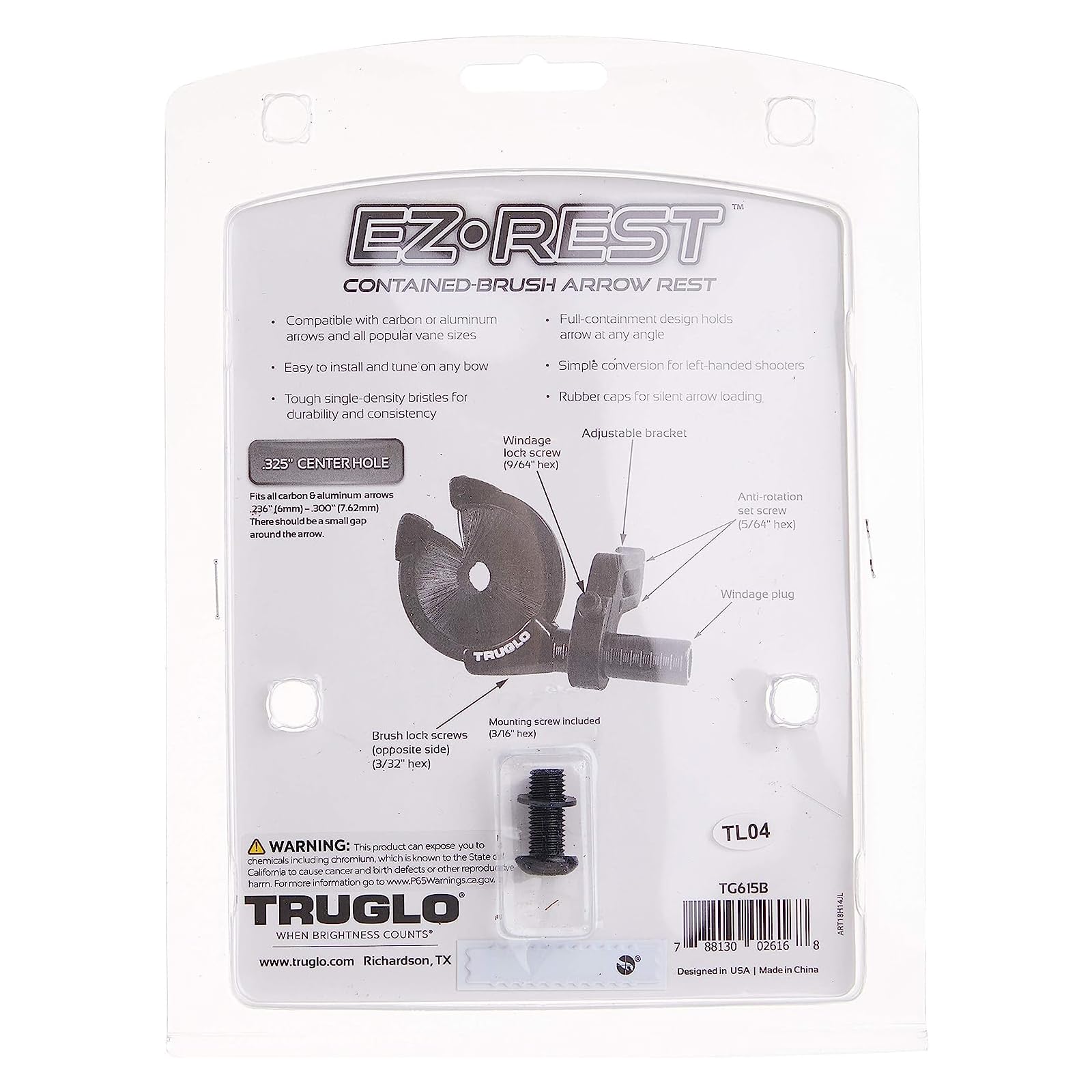TRUGLO EZ-Rest Capture-Style Contained-Brush Left-Hand Convertible Ultra-Lighweight Quiet Tough All-Weather Black Archery Arrow Rest