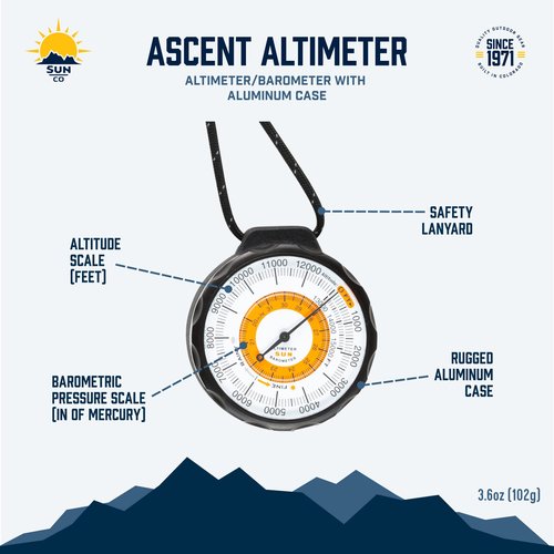 Sun Company Ascent Altimeter - Battery-Free Altimeter and Barometer | Weather-Trend Indicator with Rugged Aluminum Case and Reflective Lanyard | Reads Altitude from 0 to 15,000 Feet