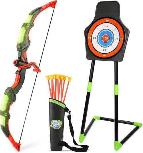 Handwell LED Light Up Bow and Arrow Set - Archery Toy for Kids with 10 Suction Cup Arrows & Target | Ages 3-12