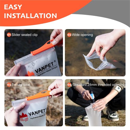 VANPET Upgrade Water Bag 2L Compatible with Sawyer Squeeze Water Filter, Durable TPU Material, BPA & PVC Free Squeeze Pouch, Collapsible Hydration Canteens for Camping Hiking Cycling (1 Pc)
