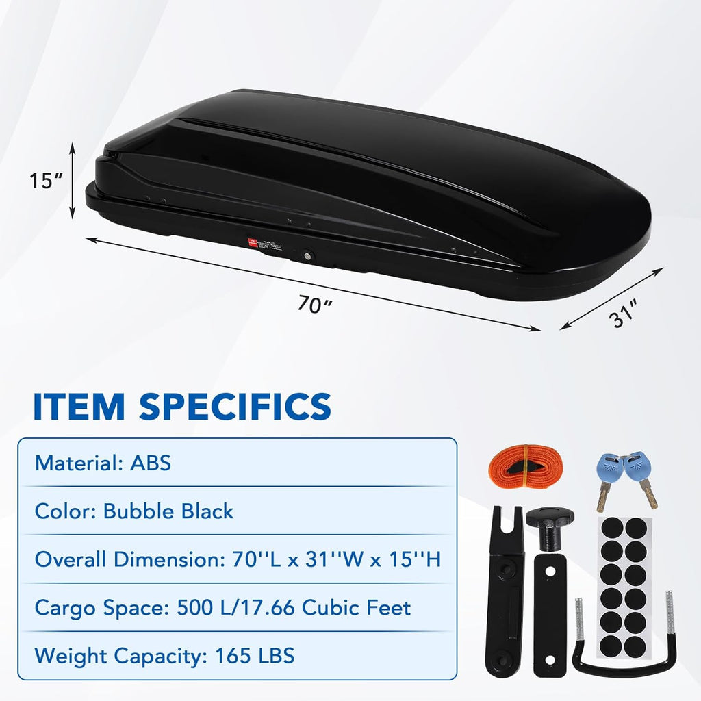 Rooftop Cargo Box Carrier by [Brand Name] - 70 Inch Hard Shell, 17.6 Cu Ft Waterproof Storage with Dual Side Opening