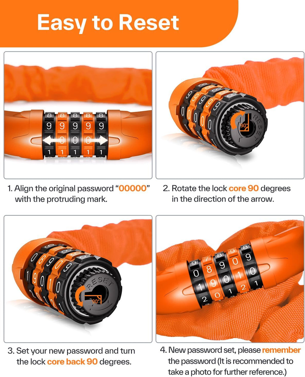 Sportneer Bike Lock - High Security 5 Digit Combination Anti-Theft Chain Lock | 3.2/3.6/4ft Heavy Duty for Bikes, Motorcycles, Scooters & Gates - 4/6mm Thick, Easy to Use