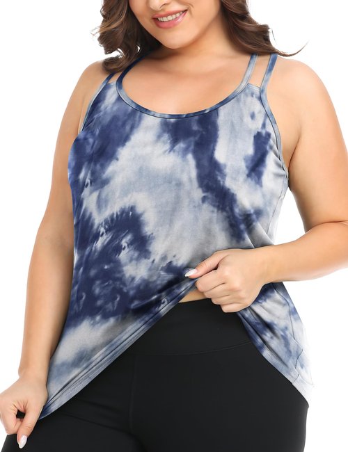 FOREYOND Women's Plus Size Workout Tank Tops Racerback Loose Fit Sport Athletic Tops Yoga Running Summer Shirts, Blue Tie Dye, 1XL