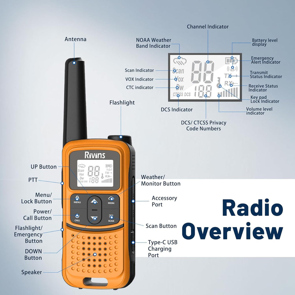 Rivins F22 Rechargeable Walkie Talkies - Long Range 1400mAh Battery, NOAA, USB-C, Flashlight | 2 Pack, Orange