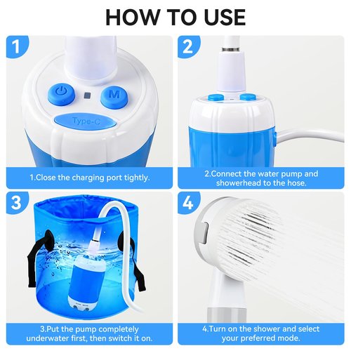 Portable Shower, Portable Camping Shower Pump, USB Rechargeable Outdoor Showers, Waterproof Electric Portable Shower with 2 Spray Modes, 4000mah, For Camping, Hiking, Rv & Pet Cleaning (1 PACK)