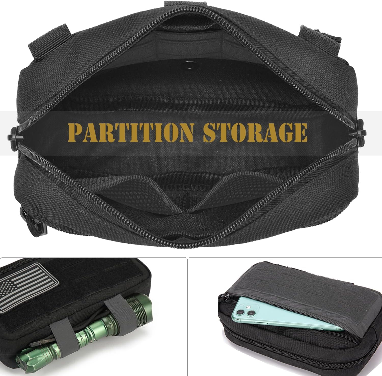 Skiennix Tactical Molle Admin Pouch - 2 Pack with US Flag Patch & Keychain | Horizontal Modular Design