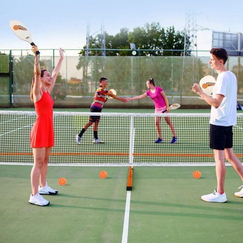 GSE Games & Sports Expert Portable Pickleball Net Set for Driveway with 22FT Regulation Size Net, 4 Paddles, 6 Outdoor Pickleballs, and Carrying Bag, Weather Resistant Metal Frame (Orange)