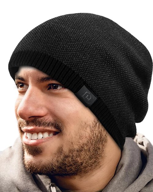 Lvaiz Mens Beanie Warm Winter Hat for Men Fleece Lined Beanie Thick Knit Hat Outdoor Skull Cap Unisex Black