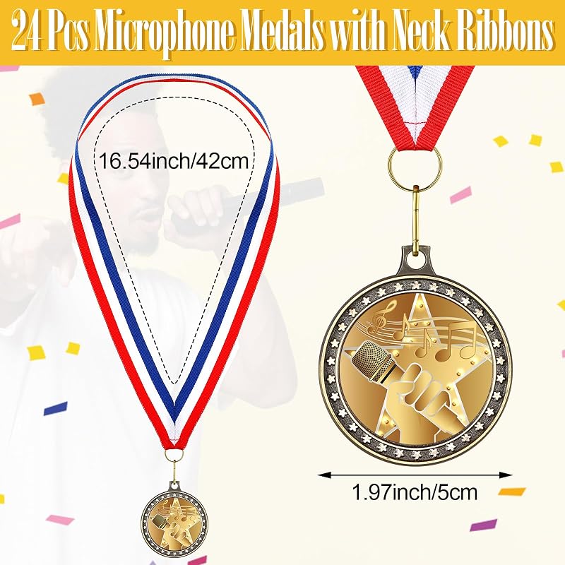 12 Pcs Microphone Medal with Neck Ribbons - Classic Gold, Variation of THIS listing: 1+Classic