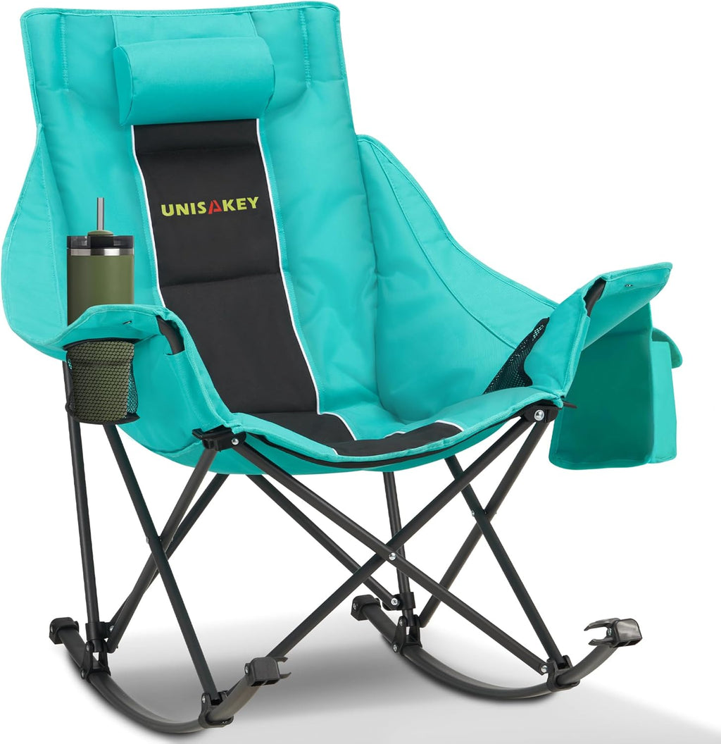 Unisakey Oversized Rocking Camping Chair - 400lbs Capacity, Headrest & Cup Holder, Portable Black/Green