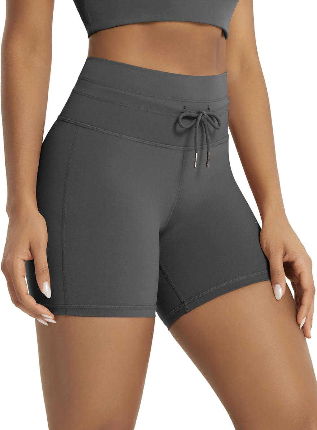 ODODOS Women's High Waist Workout Shorts - 5" Inseam Drawstring Tie Design for Yoga & Biking