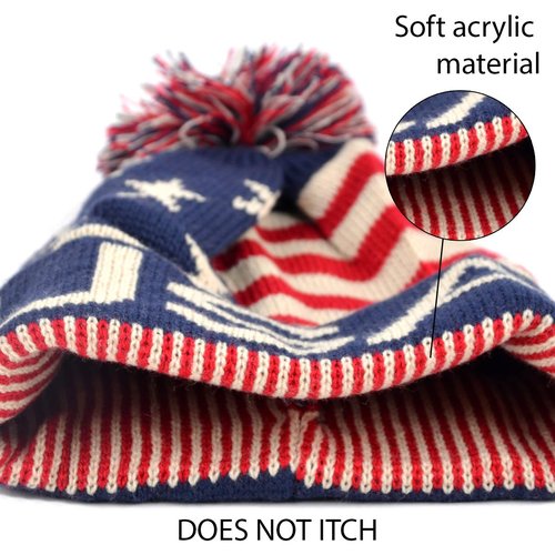 Selini New York USA Winter Hat - Knit, Cuffed Beanie with Pom Pom, USA Flag Design, Warm Fun for Cold Days