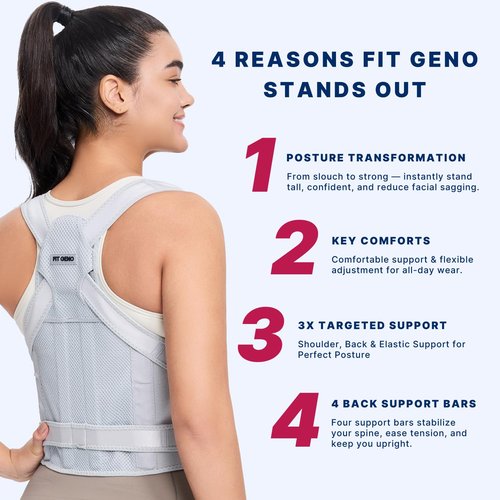 Fit Geno Back Brace - Adjustable Posture Corrector for Men & Women | Full Back Support & Pain Relief (Small, Gray)