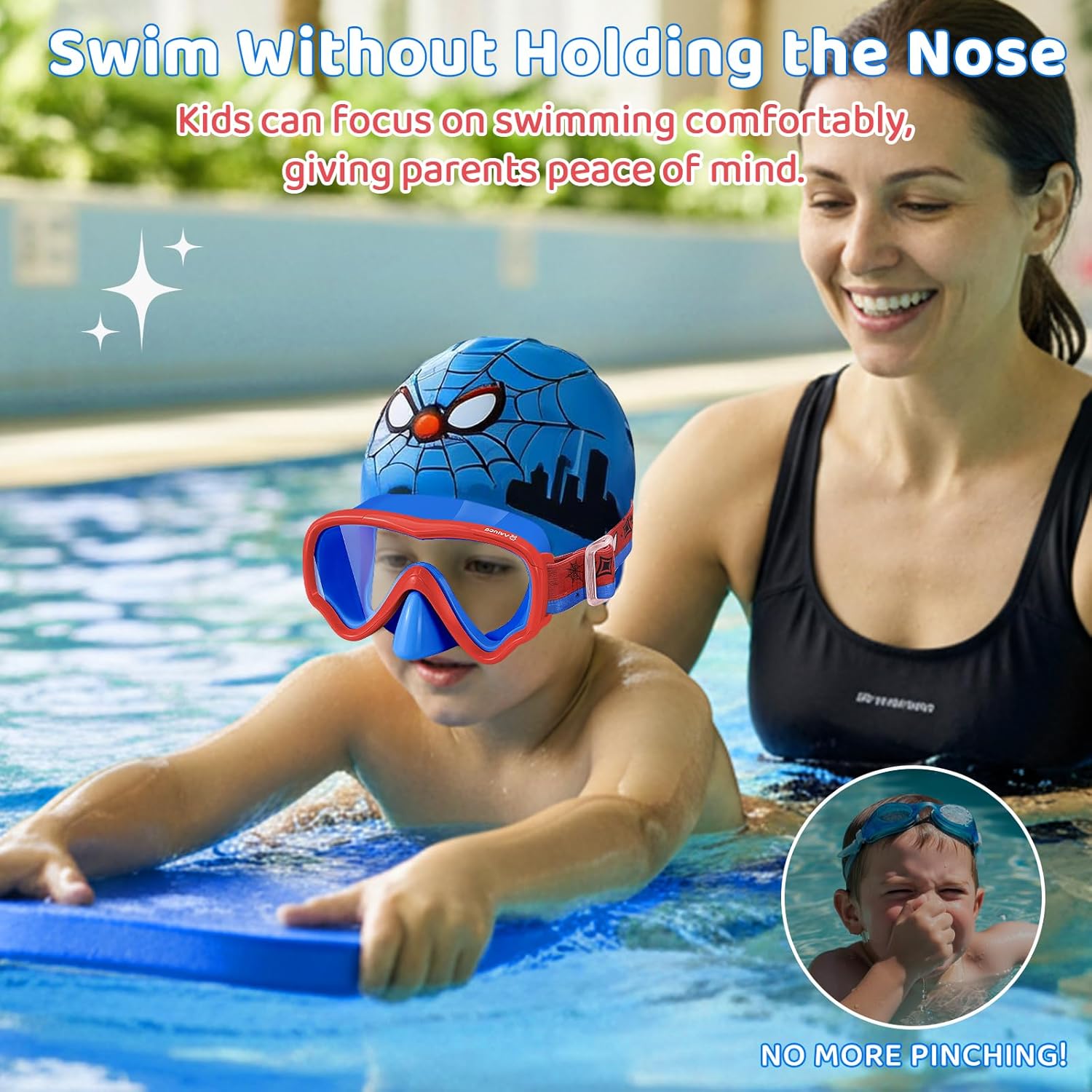 Vvinca Kids Swim Goggles - Anti-Fog & UV Waterproof with Nose Cover | Adjustable Fabric Strap for Ages 3-15