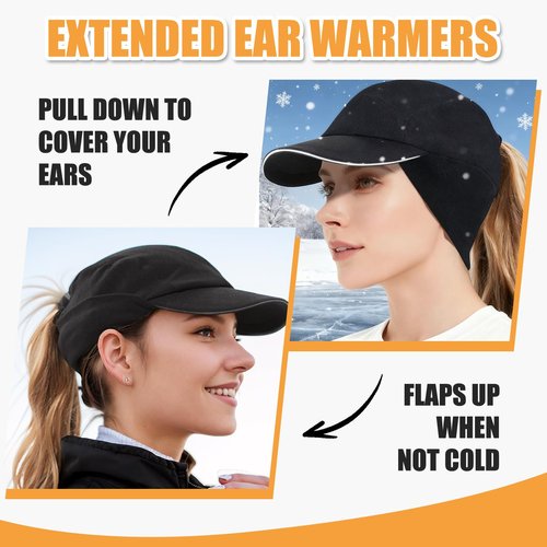 AYAMAYA Winter Running Hats for Women, Reflective Fleece Ponytail Hat with Drop Down Ear Flap for Running Hiking Black