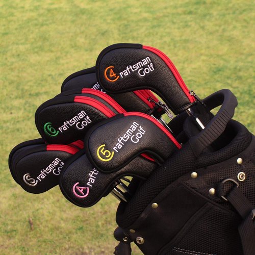 Craftsman Golf 11pcs /Set (4,5,6,7,8,9,A,S,P,L,X) Synthetic Leather Black with Red Edge Iron Head Cover Headcover Set for Callaway Ping Etc. with Zipper