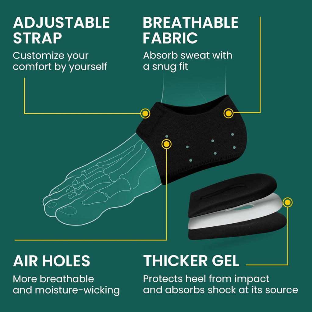 Welnove Gel Heel Protector Cups - Pain Relief Inserts for Plantar Fasciitis & Achilles Tendonitis | Black (W 4.5-9 / M 5-8)