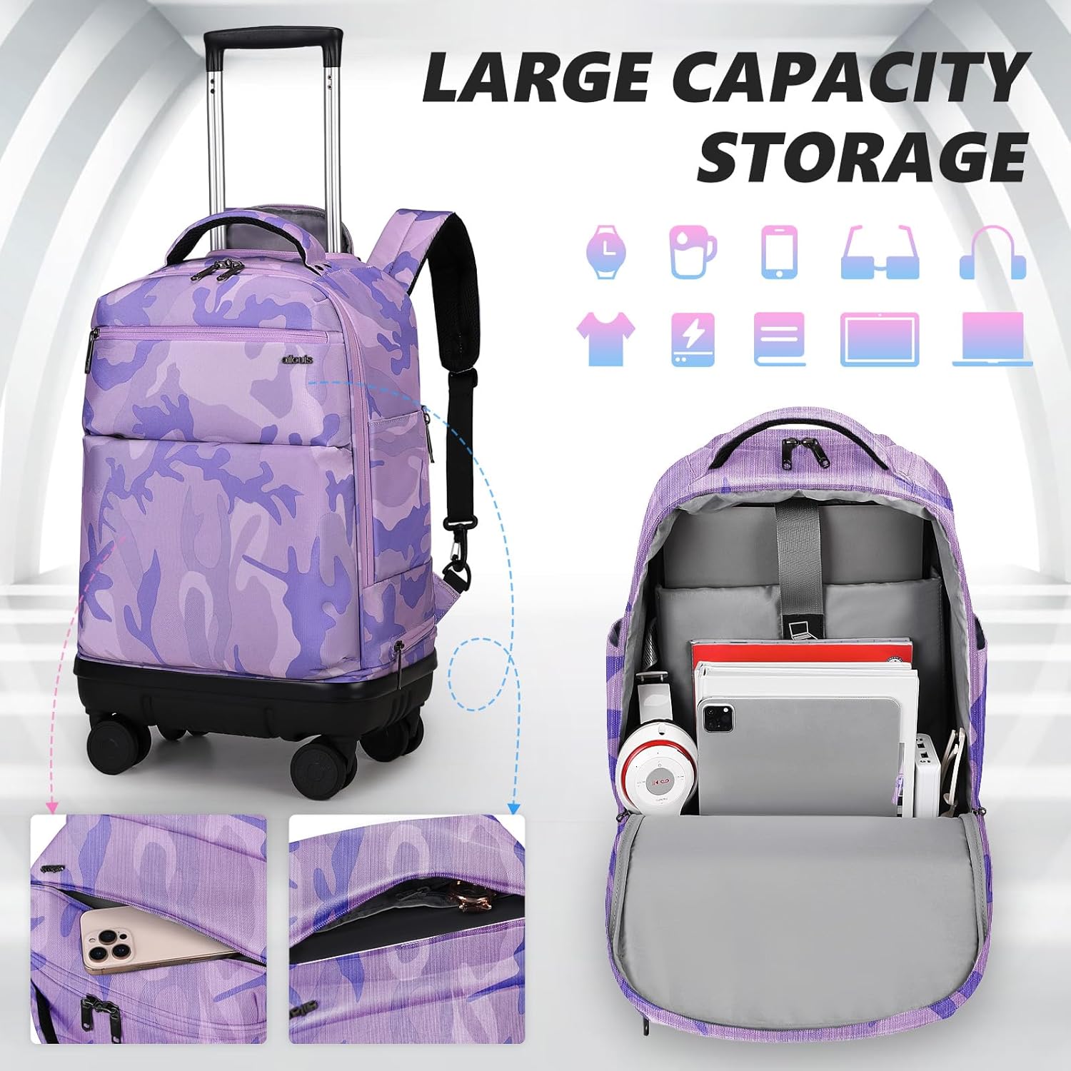 Skiennix Rolling Backpack - 18-Inch Laptop Bag with Removable Wheels | Water-Resistant Travel Backpack for Men & Women