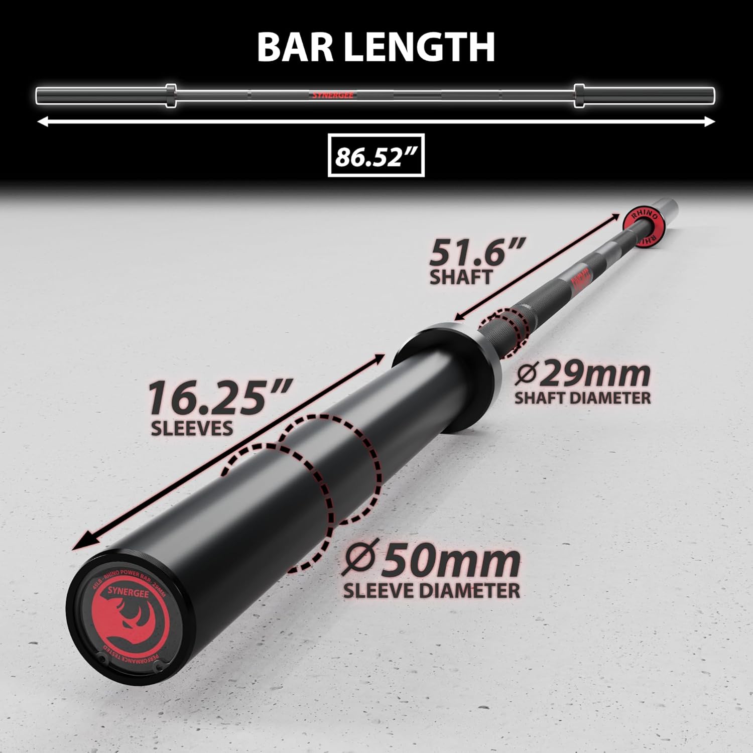 Synergee 45lb Rhino Power Bar | Cerakote Finish Barbell for Powerlifting - Rated 1500lbs
