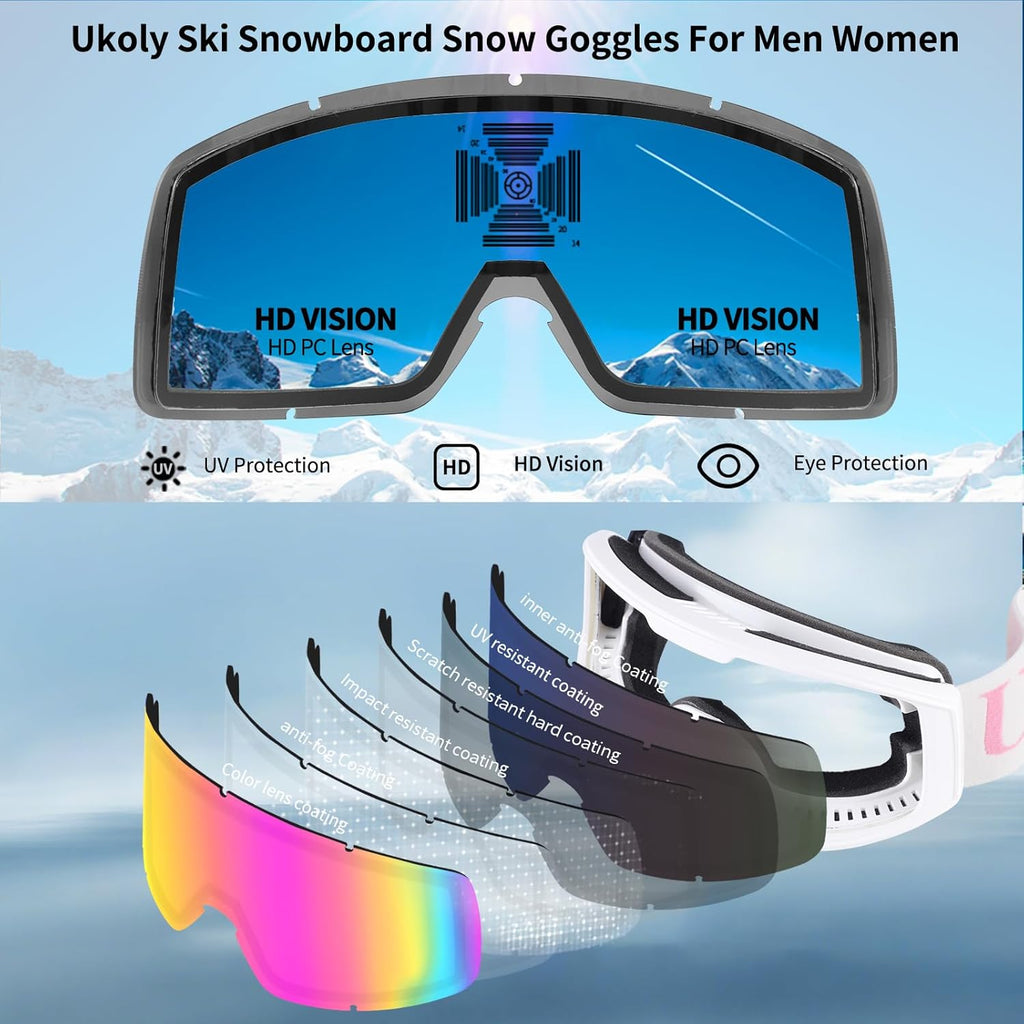 Ukoly Ski & Snowboard Goggles - HD Anti-Fog Lens, OTG Design, UV400 Protection | Men & Women