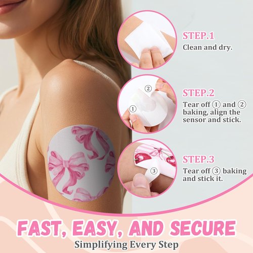 Geiserailie 30 PCS Adhesive Patch Compatible with Dexcom G7 Pre-Cut Flowers Pink Bow NO Glue in The Center Sensor Cover for Continuous Glucose Monitor Long Fixation Flexible Breathable