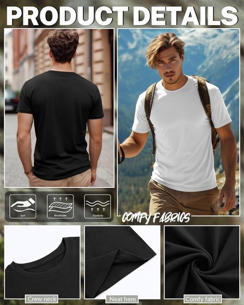 Ficerd Men's Big & Tall Cotton Crew Neck T-Shirts - 5 Pack Oversized Short Sleeve Tees