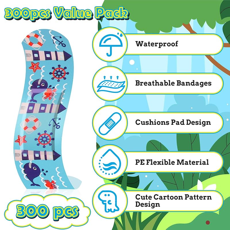 Sublaga 300 Pcs Kids Bandages - 33 Styles Waterproof Cartoon Adhesive Bandages (Colorful) Variation: Colorful - 300 Pcs