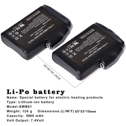 M Jiuyunmu Rechargeable Battery for Heated Apparel,7.4V 5000mAh Li-Polymer Battery Pack Replacement for Heated Gloves, Mittens, Socks, Vest, Jacket, Hand Muff, Boots, Hat, Knee Braces(5000mAh)