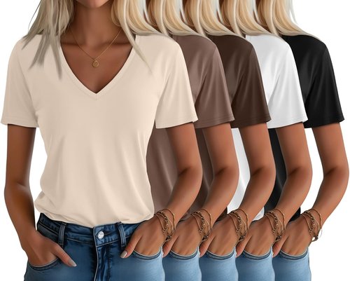 Huukeay Women's V-Neck Basic Tees - 5 Pack Comfortable Short Sleeve T-Shirts | Solid Colors for Summer