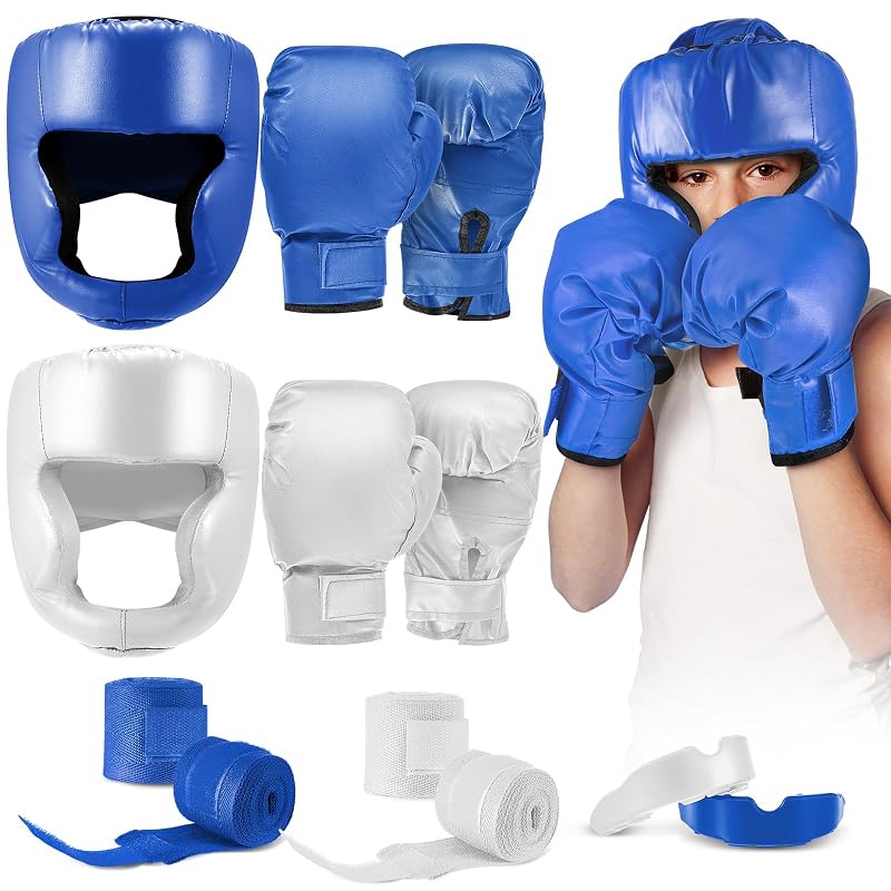 Kanayu Kids Boxing Gear Set - Blue & White, Includes Helmet Gloves Wraps