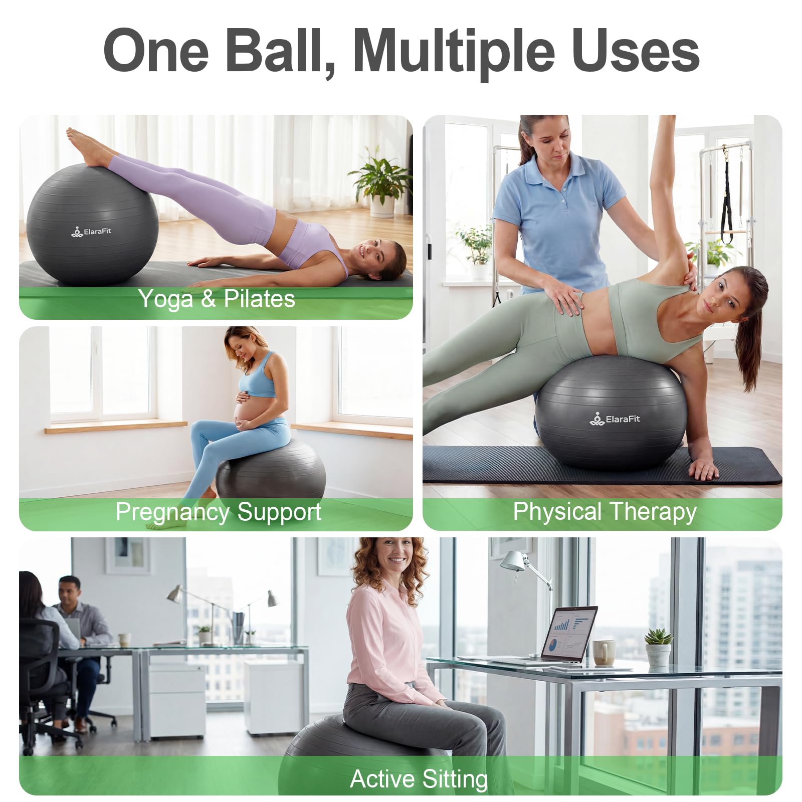 ElaraFit Anti Burst Large Exercise Ball for Yoga Non Slip Pilates Ball with Pump 550 lbs Capacity for Pregnancy, Fitness Size L 23 to 26 inches, About 58 to 65cm (Black)