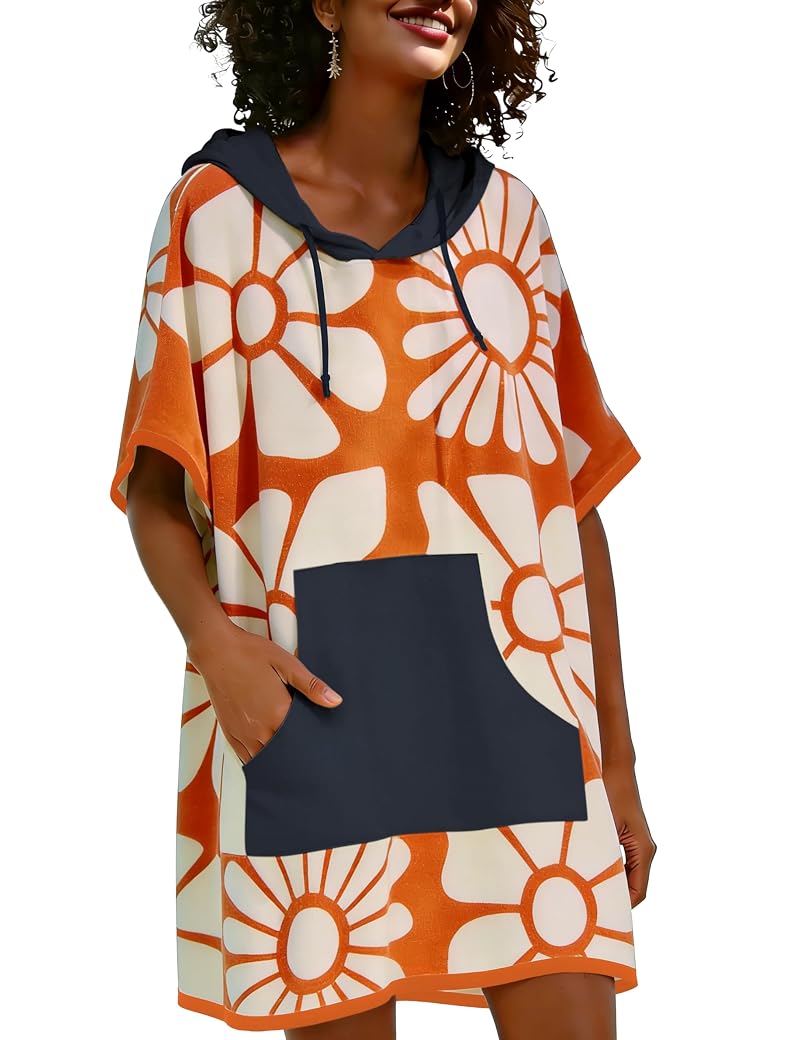 Variations: RIATOUR Women's Summer Terry Cloth Swimsuit Cover Up Orange Flowers Small