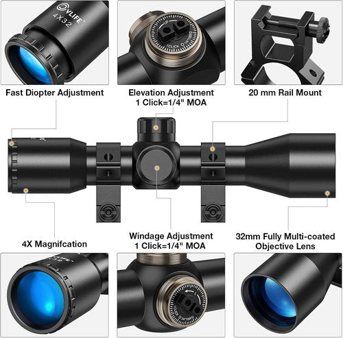 CVLIFE 4x32 Compact Rifle Scope - Durable Optics for Precision Hunting | Includes Mounts