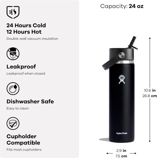 Hydro Flask Water Bottle - Insulated Stainless Steel - Wide Straw Lid, Non Spill, Leakproof in 24 Oz Trillium Pink