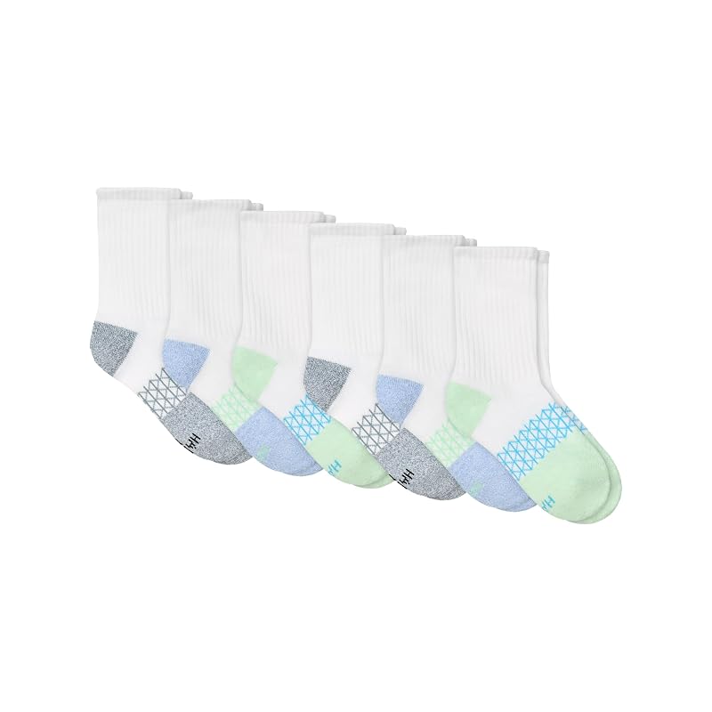 Hanes Absolute Active Cushioned Ankle Socks for Girls — White/Green, 6 Pairs, Crew (Large)