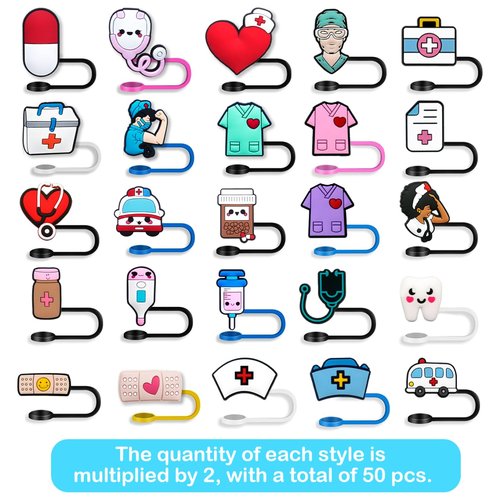 Coneatness Nurse Straw Covers Cap 50 Pcs for Stanley Cup 30&40 Oz, Tumbler, Water Bottle Silicone Straw Toppers Fit 10mm Reusable Straws, Cute Nurse Gifts