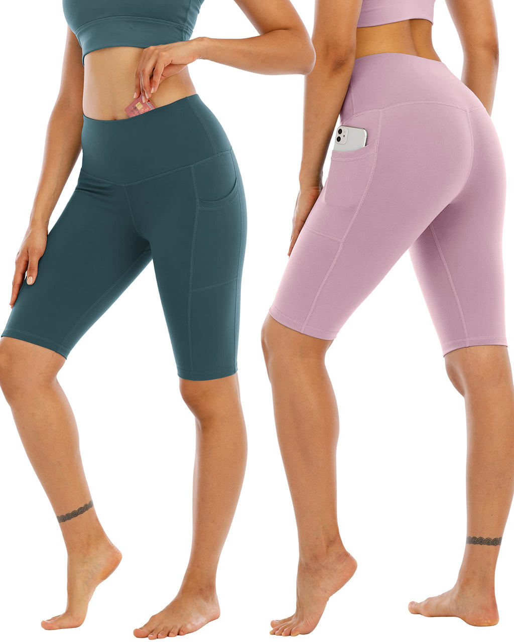 WHOUARE 4 Pack Biker Yoga Shorts with Pockets for Women,High Waisted Athletic Running Workout Gym Shorts Tummy Control, Black,Red Bean Paste,Gray Blue,Bean Green,XL