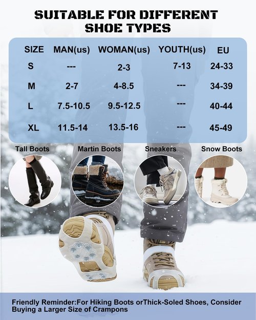 White Translucent Ice Cleats with 10 Steel Spikes,Crampons for Shoes and Boots,Anti Slip Crampons for Hiking,Snow & Ice Walking,Climbing,Jogging,Ice Fishing (Large)
