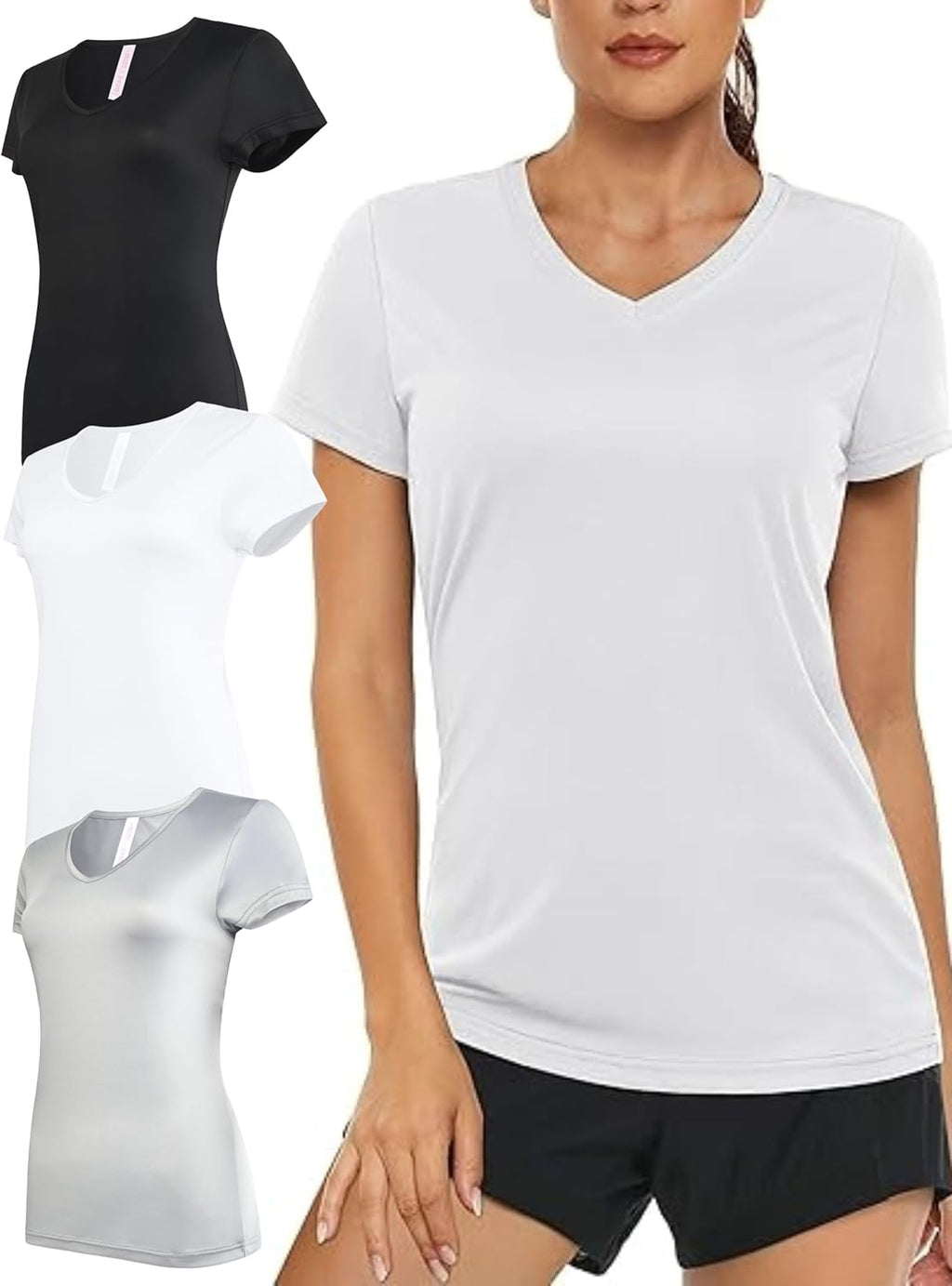 Skiennix Women's V-Neck Activewear T-Shirts - 3 Pack Athletic Workout Tops for Gym & Yoga