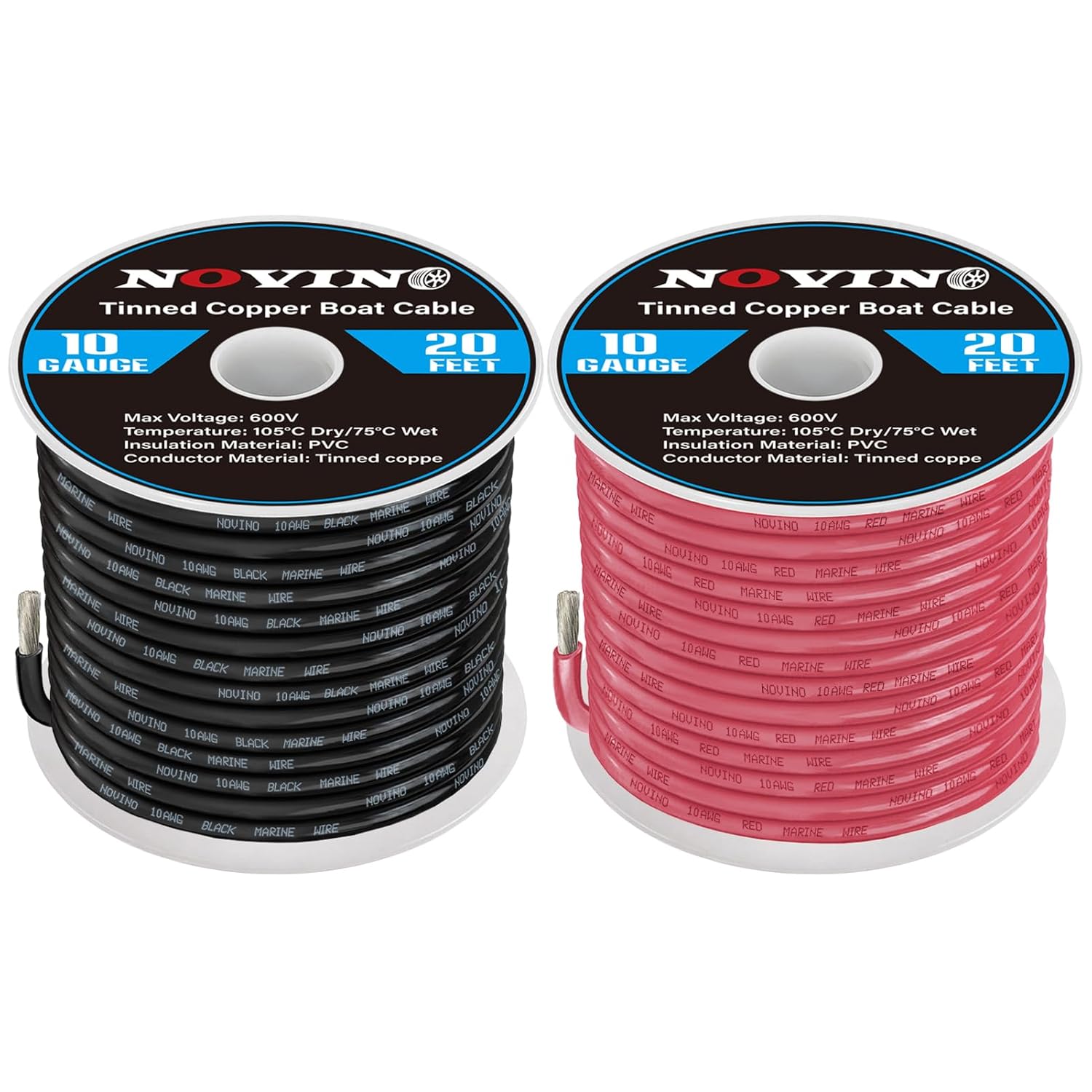 10 Gauge Marine Wire - 10 AWG Tinned Copper Electrical Cable for Boats & Automotive | 20FT Red & Black