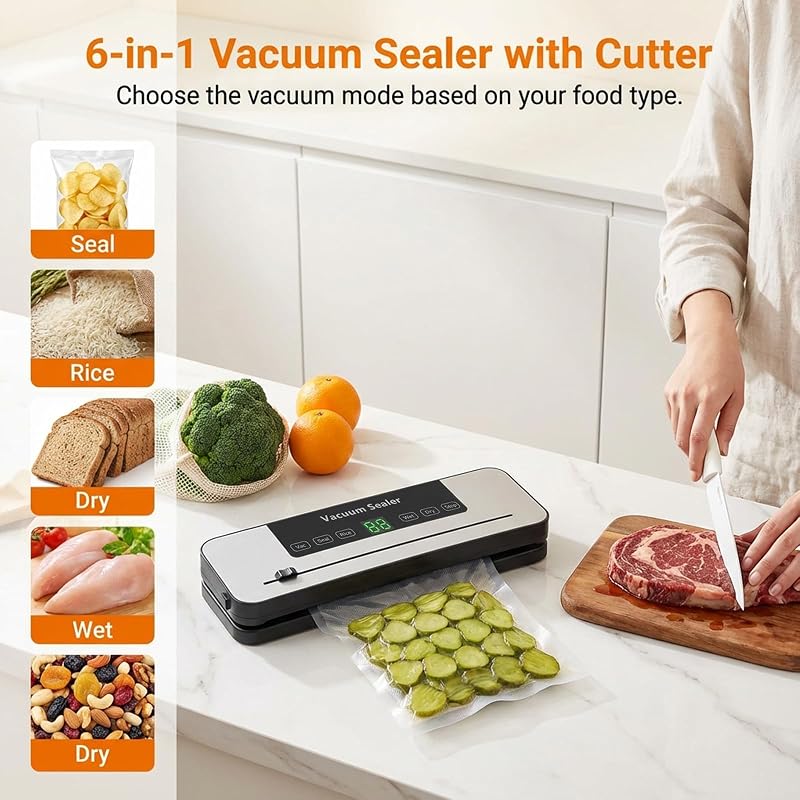 Myplinar Food Sealer Vacuum Sealer Machine with 30 Bags, Built-In Cutter 6-in-1