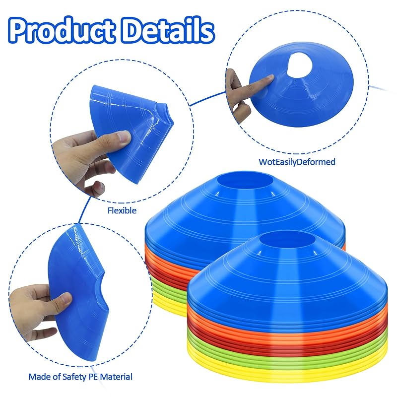 100 Pack Disc Cones with Carry Bag – Multicolor Training Cones (19cm x 5cm)